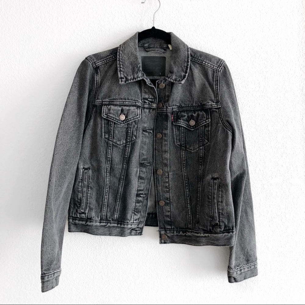LEVI’S denim original trucker jean jacket dirt on my boots black gray size small - Picture 2 of 7
